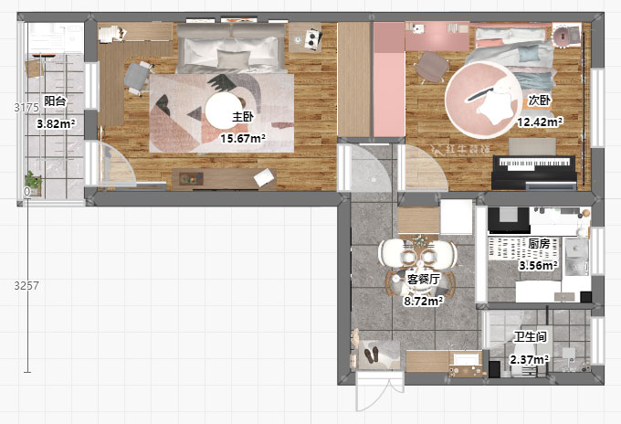 张桐玮｜老虎头3-1-403-59㎡-现代简约风格｜2室1厅1卫｜老房装修｜定制家￥68410｜全包10万｜00_04平面彩图